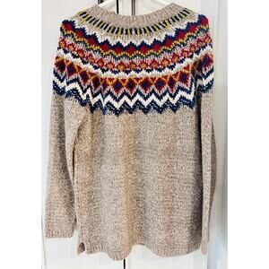 J Jill Fair Isle Nordic Sweater M Grey Long Sleeve Open Weave Knit Classic